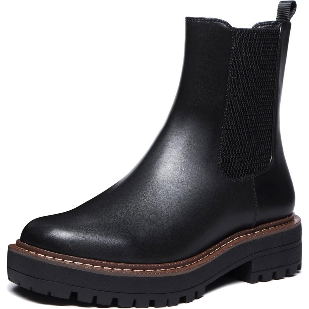 Athlefit Women Black Chelsea Wedge Platform Slip on Lug Sole Elastic Ankle Boot